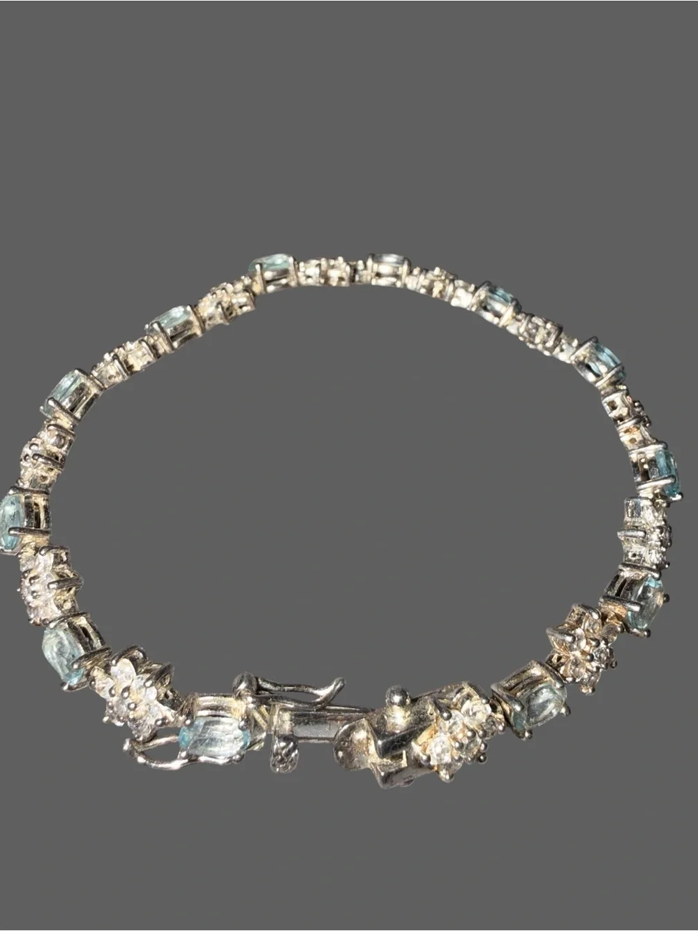 Vintage 925 Sterling Silver Blue Topaz & CZ Tennis Bracelet 7" JJT Floral Design - Picture 4 of 11